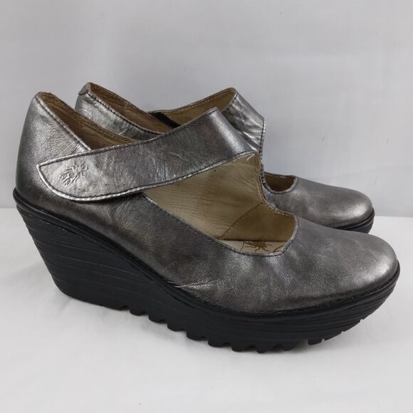 FLY London Shoes - Fly London Gunmetal Gray Pewter Yasi Wedge Mary Jane Style Shoes 40 US 9 9.5